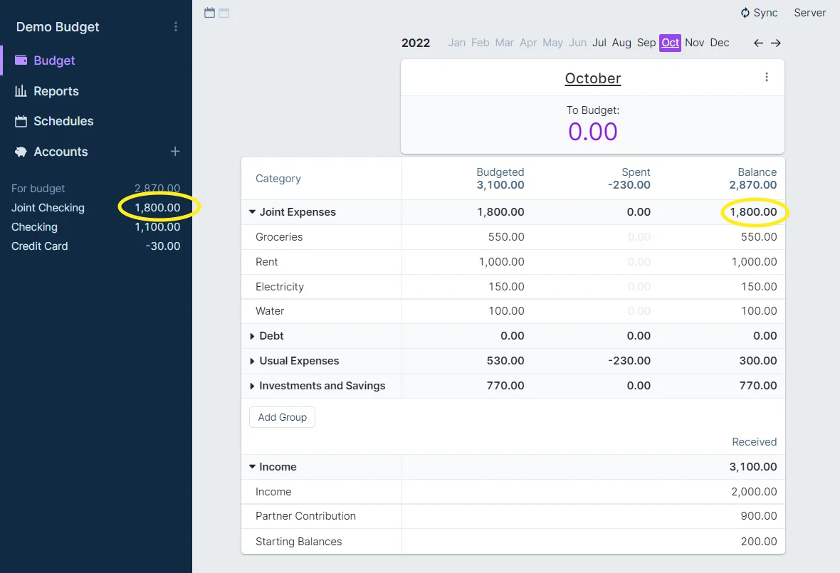 Screenshot of budgeting with personal Actual Account file - option 1