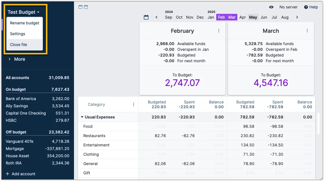 Close the current budget file
